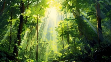 Obraz premium Sunlight Filtering Through a Lush Forest