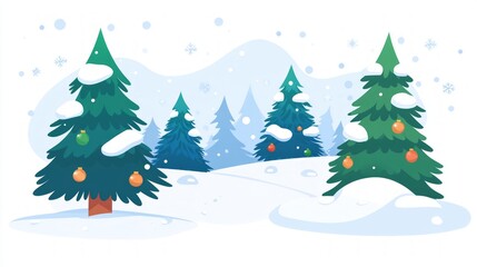 Obraz premium A picturesque winter scene features several evergreen trees adorned with colorful ornaments, surrounded by a snowy landscape, capturing the essence of Christmas