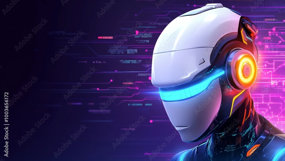 Poster ai robot head with glowing circuit patterns and data streams