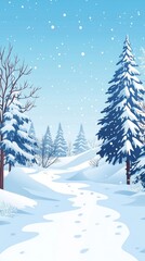 A beautiful winter scene showcases a snow-laden path meandering through tall, snow-covered trees. Fluffy snowflakes drift gracefully from a bright blue sky