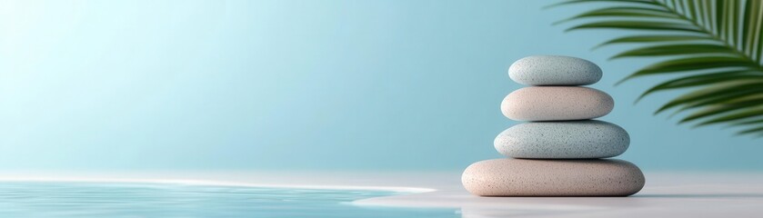 Fototapeta premium Stacked stones on a serene beach, calming blue background.