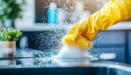 Hand in yellow glove cleaning surface with sponge, bright kitchen setting.