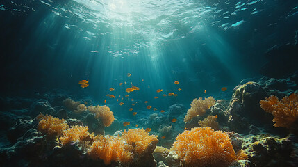 Fototapeta premium underwater coral reef with sunbeams and fish