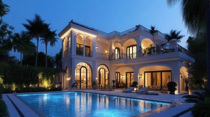 Fototapeta premium Luxurious Pool Villa Lit up for a Vibrant Night
