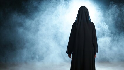 Muslim Woman in Hijab and Long Dress Against a Foggy Background