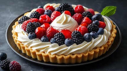 Photography of a beautifully arranged fruit tart with an assortment of berries and a swirl