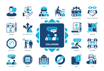 Collusion icon set. Deception, Kickback, Misleading, Bid Rigging, Illegal, Restriction, Competition, Firm. Duotone color solid icons