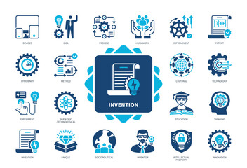 Invention icon set. Improvement, Efficiency, Idea, Technology, Thinking, Unique, Innovation, Patent. Duotone color solid icons