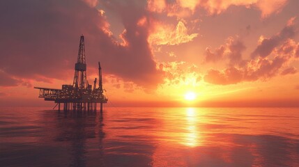 Sunset Oil Rig with Drilling Equipment and Pipeline System