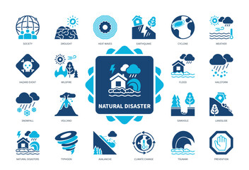 Natural Disaster icon set. Hailstorm, Typhoon, Landslide, Volcano, Avalanche, Heat Waves, Tsunami, Earthquake. Duotone color solid icons