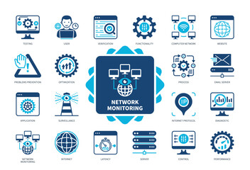 Network Monitoring icon set. Latency, Server, Website, Application, Testing, Verification, Functionality, Diagnostic. Duotone color solid icons