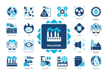 Pollution icon set. Contaminants, Substance, Visual Pollution, Ecology, Radioactivity, Environment, Litter, Transportation. Duotone color solid icons