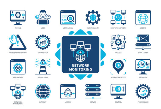 Network Monitoring icon set. Latency, Server, Website, Application, Testing, Verification, Functionality, Diagnostic. Duotone color solid icons