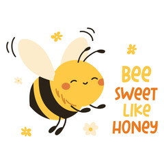 Cute flat vector illustration in children's style. Cute happy bee. Cute bee with inscription. Vector illustration