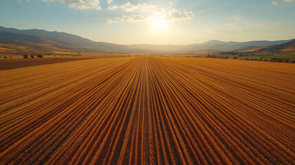Fototapeta premium aerial view of a golden wheat field at sunset in rural landscape