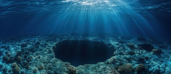 Fototapeta premium Underwater view of a dark hole in the coral reef with sun rays shining through the water.
