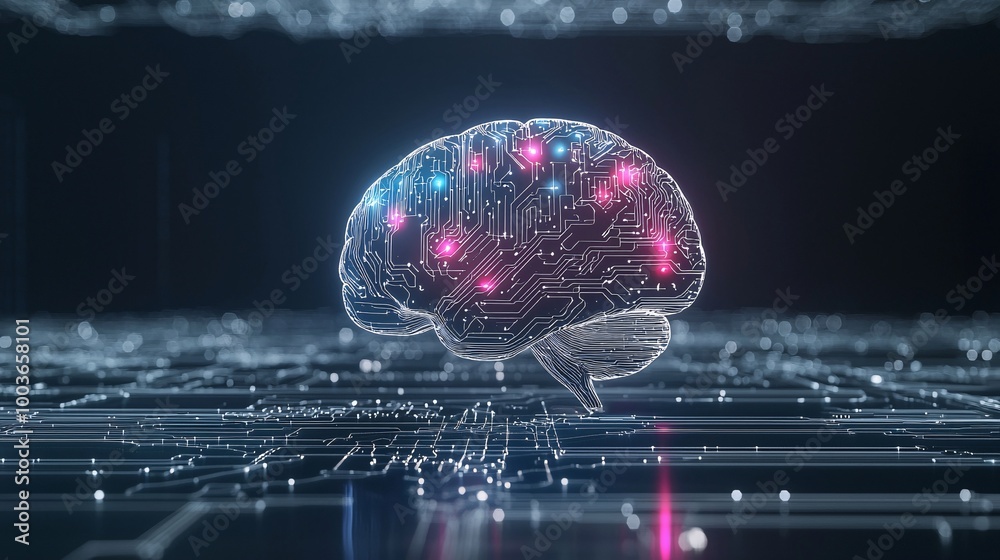 Poster a digital brain made of light, with ai-powered neural networks connecting around it, symbolizing adv