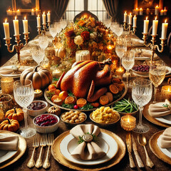 Grand and Elegant Thanksgiving Dinner Setting with Autumn-Themed Decor