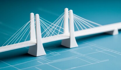 Obraz premium White Paper Model of a Bridge on Blueprint Background