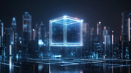 A glowing AI-powered cube floating above a city, symbolizing centralized intelligence controlling urban systems