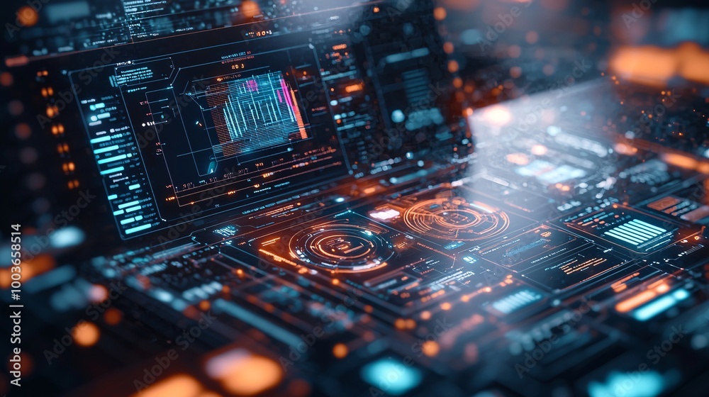 Poster a digital interface with ai-powered predictive analytics visualized as glowing graphs and charts, sy