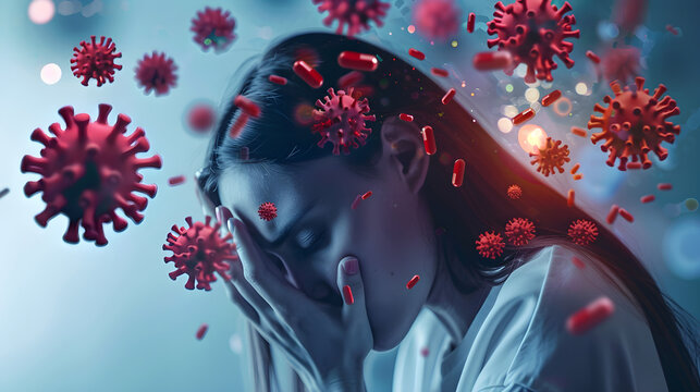 Individual with weakened immunity due to drug use, appearing fatigued and vulnerable to illness.