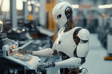 Fototapeta premium Humanoid robot working with a machine in a factory