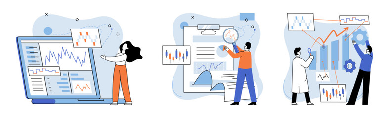 Technical analysis. Vector illustration. Developing sound investment strategy involves analyzing market trends and using technical analysis tools Trading in financial markets requires thorough