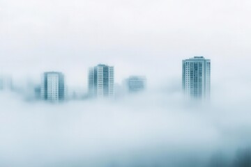 Fototapeta premium Tall buildings emerging from dense fog, ethereal atmosphere