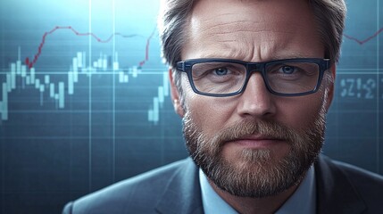 A businessman executive in deep thought, surrounded by floating digital interfaces showing real-time analytics and futuristic data projections,