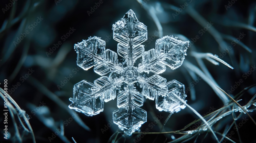 Aufkleber a stunning close-up of a snowflake, showcasing intricate ice crystal patterns against a dark backgro