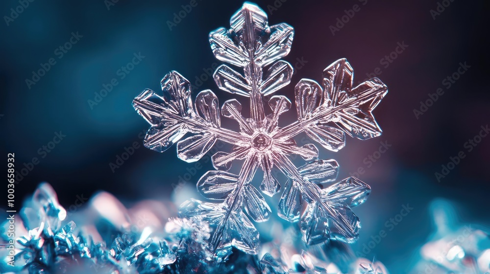 Poster A close-up of a delicate snowflake showcasing intricate details and sparkling textures against a soft, colorful background.