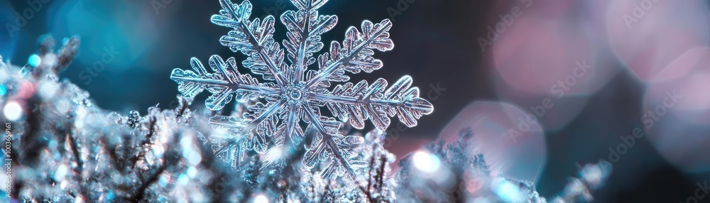 Poster Close-up of a delicate snowflake resting on shimmering frost, showcasing intricate patterns and unique crystalline structure.