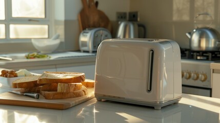 A flat toaster with several toasts ready in a very bright kitchen