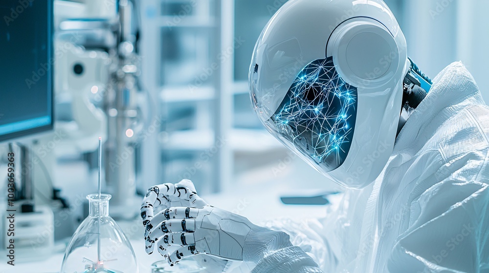 Poster an ai-powered robotic assistant helping a scientist in a high-tech lab, symbolizing the future of re