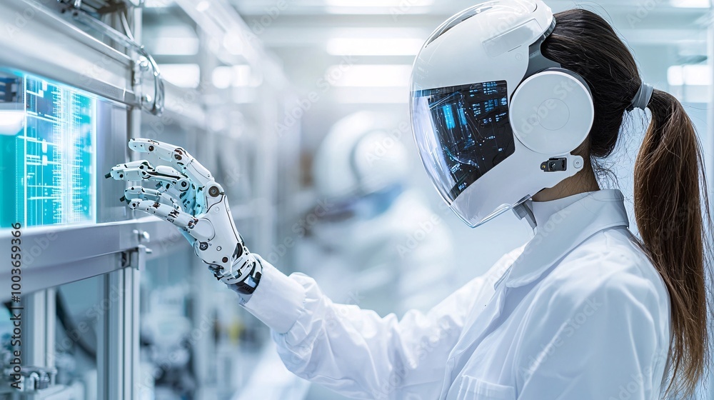 Aufkleber an ai-powered robotic assistant helping a scientist in a high-tech lab, symbolizing the future of re