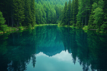 serene green forest lake reflection - tranquil nature landscape photography