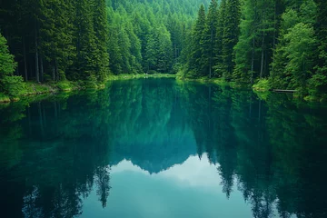 Poster serene green forest lake reflection - tranquil nature landscape photography