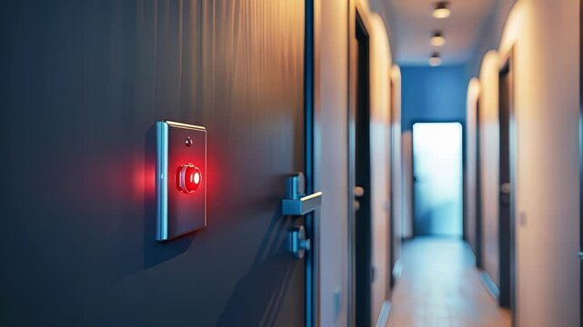 Red alarm button flashing on a wall, with a blurred corridor in the background, suggesting an emergency situation requiring immediate attention