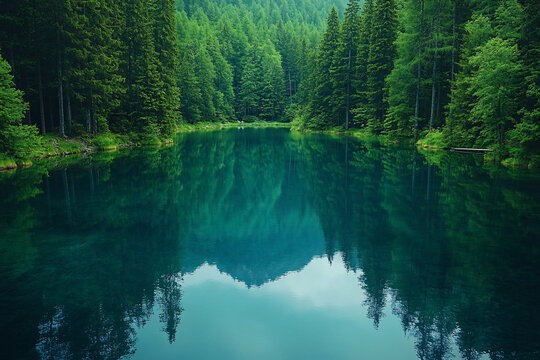 serene green forest lake reflection - tranquil nature landscape photography - Powered by Adobe