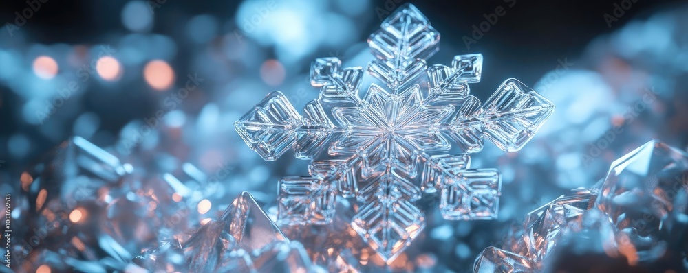 Poster a stunning close-up of a snowflake shimmering in crystal clear ice, showcasing intricate patterns an