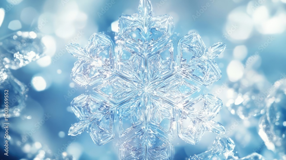 Poster close-up of a delicate snowflake captured in stunning detail, showcasing its intricate patterns agai