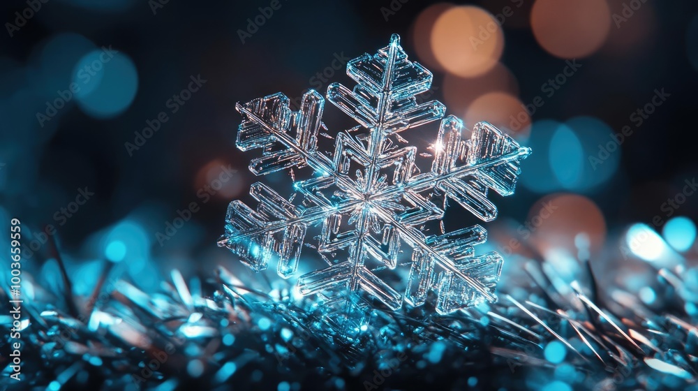 Poster a delicate crystal snowflake resting on shimmering tinsel, capturing the essence of winter and holid