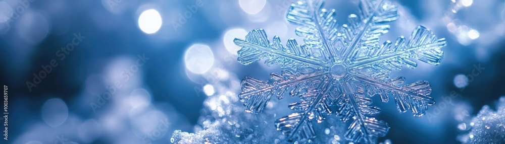 Poster A close-up view of a delicate snowflake resting on a frosty surface, showcasing intricate patterns and a serene blue background.