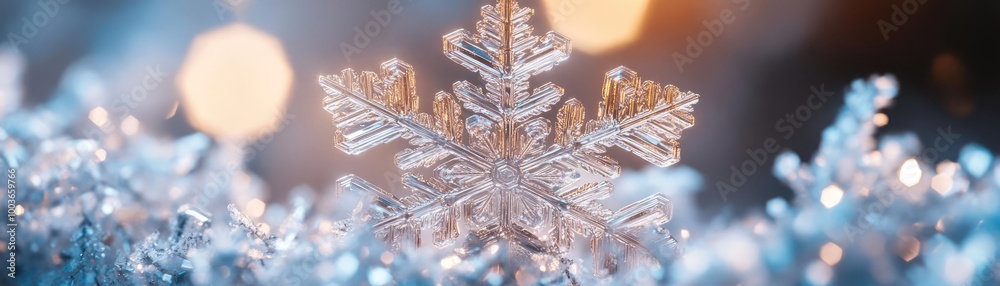 Poster a delicate snowflake glistens in the light, surrounded by shimmering frost, capturing the essence of