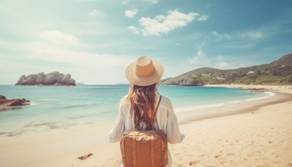 Travel adventure and freedom concept. Copy space female looking view of beach background. Vintage tone filter color style