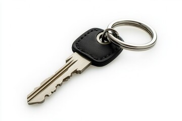 Key on a leather keychain, white isolated background