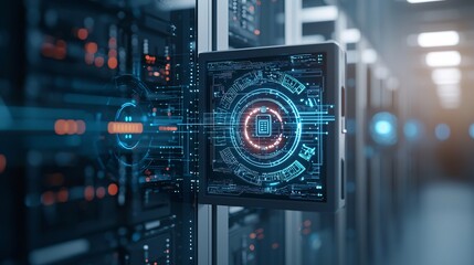 Obraz premium A glowing AI-powered security system with real-time monitoring and predictive threat analysis, symbolizing safety through technology