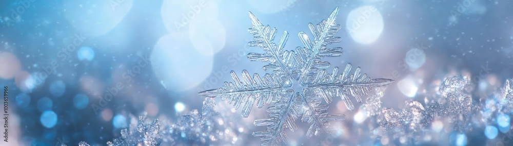 Poster a beautiful close-up of a snowflake on a sparkling blue background, perfect for winter themes and ho
