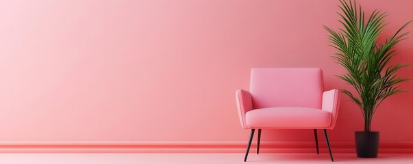 Stylish pink chair with plant against a soft pink wall.